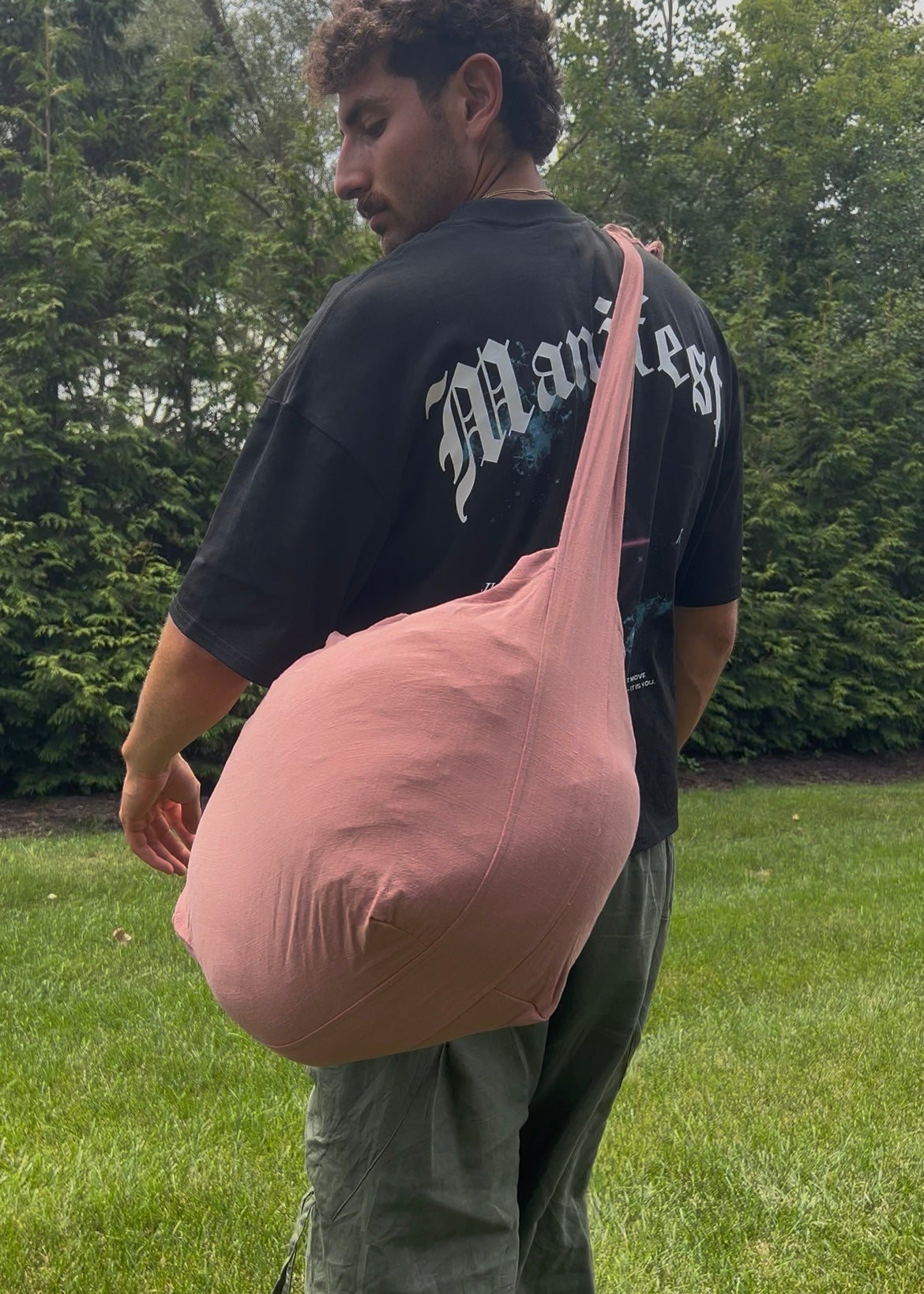 Bottomless Bag in Rosewood, stuffed full, back view