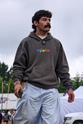 Man walking in Baby Blue Love Pants and the Dare to Love stone grey hoodie