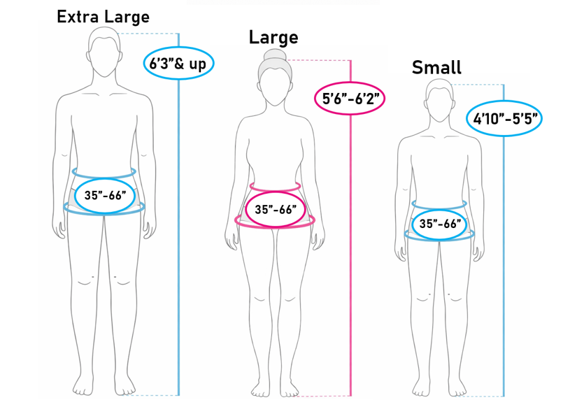 Love Pants sizes by height: Small 4'10 to 5'5, Large 5'6 to 6'2, Extra Large 6'3 and up